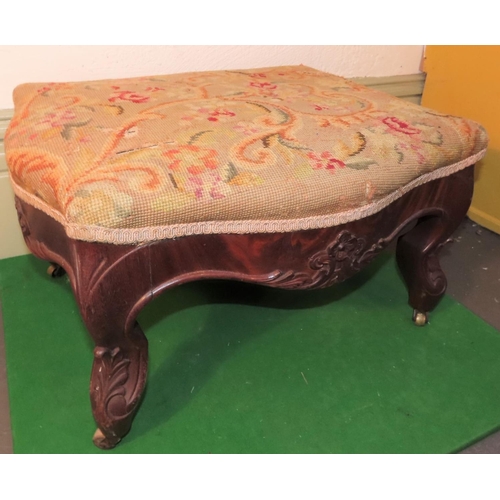 1020 - Victorian Mahogany Framed Tapestry Inset Foot Stool Shaped Form Approximately 18 Inches Wide