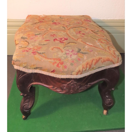 1020 - Victorian Mahogany Framed Tapestry Inset Foot Stool Shaped Form Approximately 18 Inches Wide