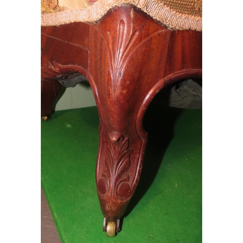 1020 - Victorian Mahogany Framed Tapestry Inset Foot Stool Shaped Form Approximately 18 Inches Wide