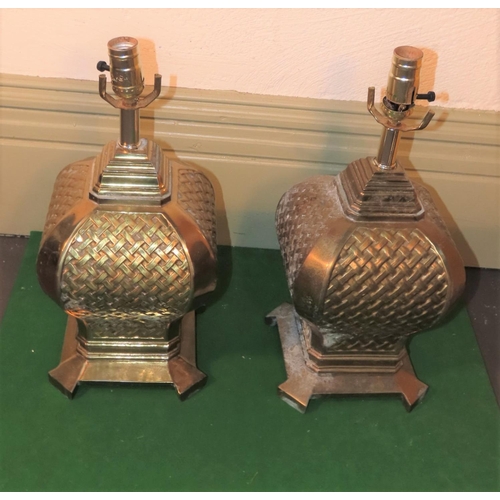 1023 - Pair of Shaped Form Cast Brass Table Lamps Lattice Woven Motifs Each Approximately 16 Inches High