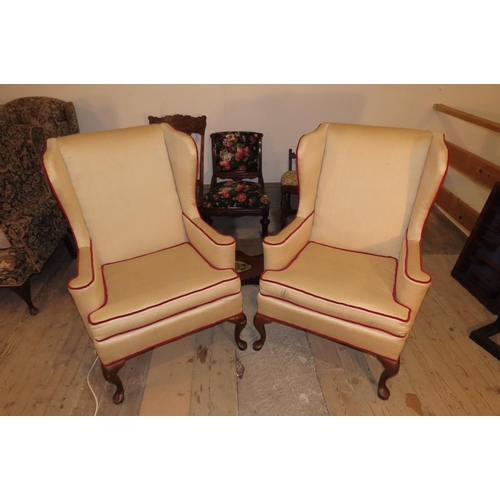 1028 - Pair of Well Upholstered Wingback Armchairs Edwardian Attractively Detailed