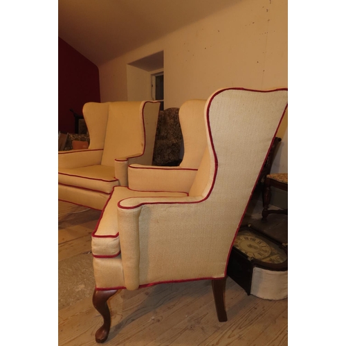 1028 - Pair of Well Upholstered Wingback Armchairs Edwardian Attractively Detailed