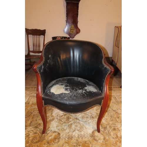 1033 - Antique Leather Upholstered Walnut Framed Captains Armchair