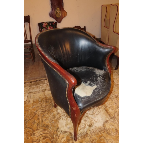 1033 - Antique Leather Upholstered Walnut Framed Captains Armchair