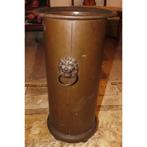 1035 - Brass and Copper Circular Form Stick and Umbrella Stand with Lion Head Motif Side Carry Handles Appr... 