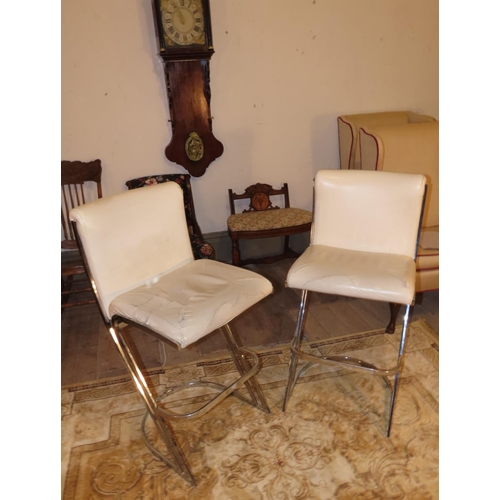 1036 - Pair of Cream Leather Upholstered Chrome Plated Modernist Form Kitchen Stools