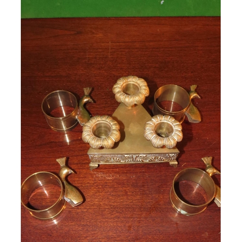 1040 - Four Cast Brass Vintage Peacock Decorated Napkin Rings and Candle Holder Five Pieces in Lot