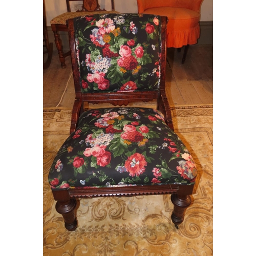 1044 - Edwardian Side Chair with Vibrant Rose Motif Upholstery Attractively Detailed