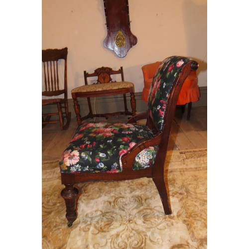 1044 - Edwardian Side Chair with Vibrant Rose Motif Upholstery Attractively Detailed