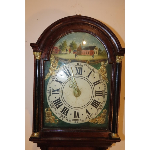 1045 - Antique Dome Top Wall Clock with Handpainted Dial Roman Numeral Decorated Approximately 32 Inches Hi... 