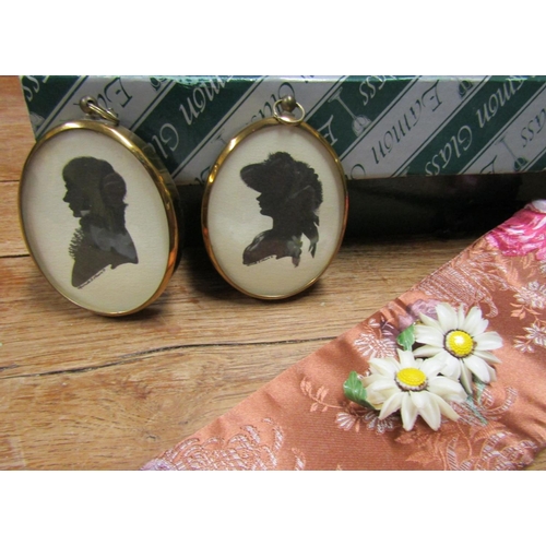 1049 - Pair of Portrait Miniatures Couple Side Profile and Pair of Vintage Clip On Earrings