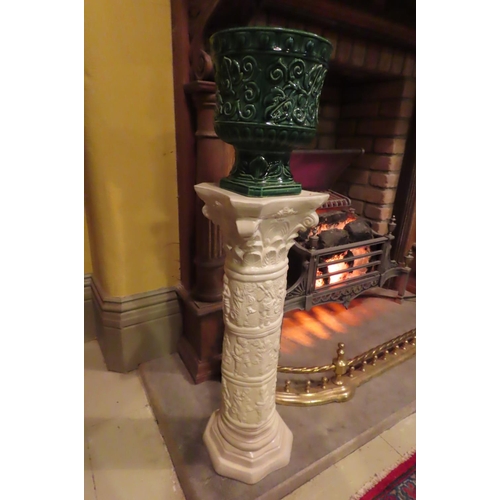 1054 - Creamware Pedestal Stand Corinthian Column Old Fired Earthenware Jardiniere Two Items in Lot