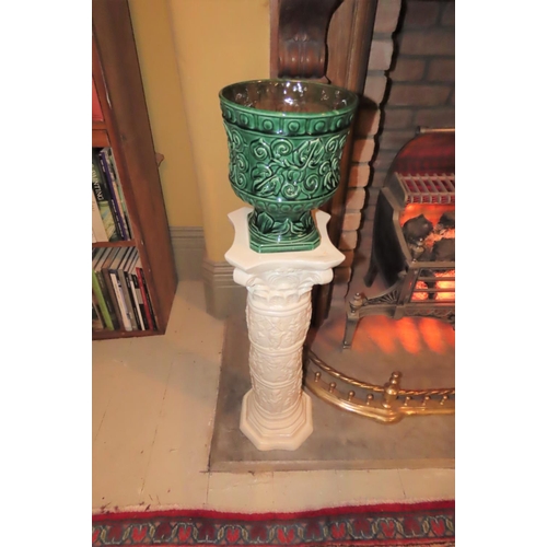 1054 - Creamware Pedestal Stand Corinthian Column Old Fired Earthenware Jardiniere Two Items in Lot