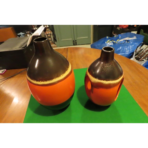 1056 - Two Matching Vintage Fired Earthenware Vases Shaped Form Largest Approximately 12 Inches High