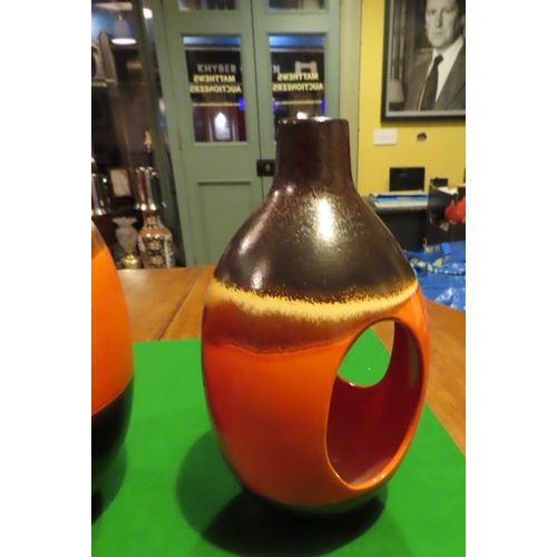 1056 - Two Matching Vintage Fired Earthenware Vases Shaped Form Largest Approximately 12 Inches High