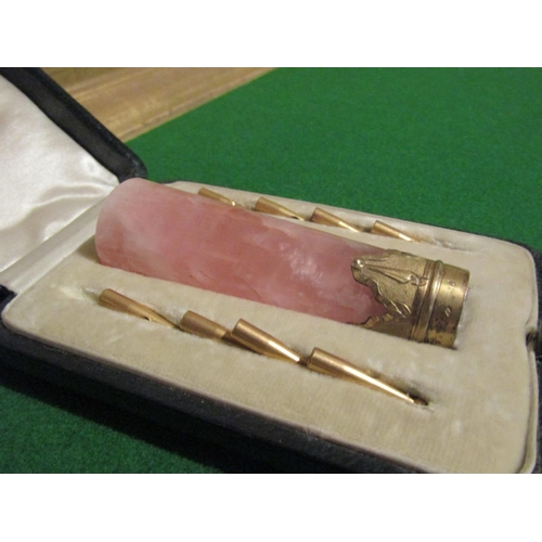 1070 - Antique Ormolu Mounted Pink Quartz Parasol Handle, Parasol Tips Contained within Original Leatherbou... 