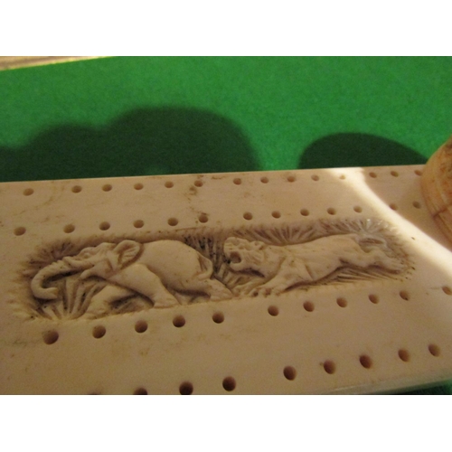 1075 - Carved Cribbage Board with Lion and Elephant Motif Decoration with Carved Napkin Ring and Unusual Ca... 