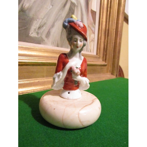 1076 - Unusual Antique Porcelain Figure of Lady Resting on Turned Carved Stone Base Possibly Ring Tidy