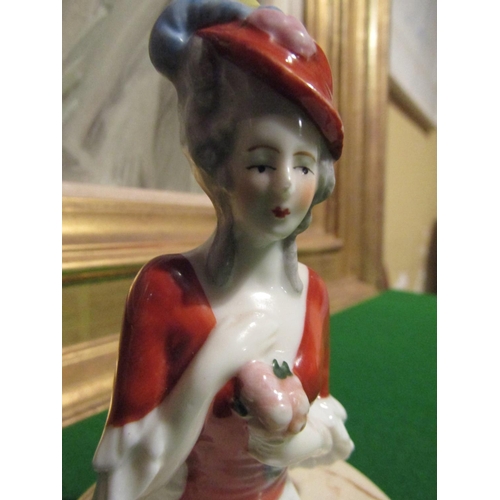 1076 - Unusual Antique Porcelain Figure of Lady Resting on Turned Carved Stone Base Possibly Ring Tidy