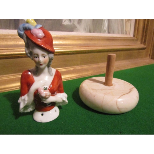 1076 - Unusual Antique Porcelain Figure of Lady Resting on Turned Carved Stone Base Possibly Ring Tidy