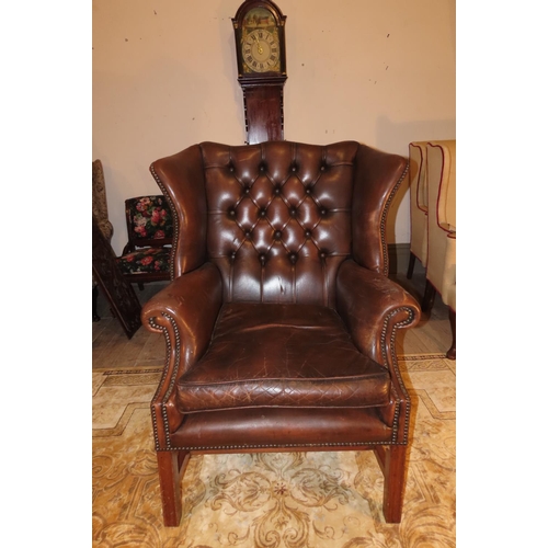 1103 - Tan Leather Upholstered Wingback Leather Armchair Good Condition H Stretcher Support Below Mahogany ... 