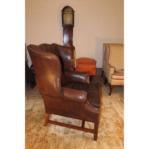 1103 - Tan Leather Upholstered Wingback Leather Armchair Good Condition H Stretcher Support Below Mahogany ... 