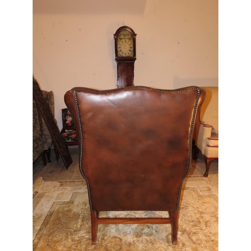 1103 - Tan Leather Upholstered Wingback Leather Armchair Good Condition H Stretcher Support Below Mahogany ... 