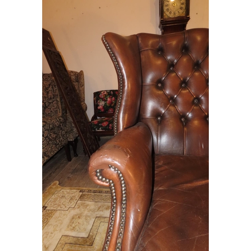 1103 - Tan Leather Upholstered Wingback Leather Armchair Good Condition H Stretcher Support Below Mahogany ... 