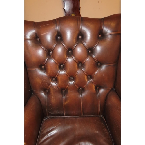 1103 - Tan Leather Upholstered Wingback Leather Armchair Good Condition H Stretcher Support Below Mahogany ... 