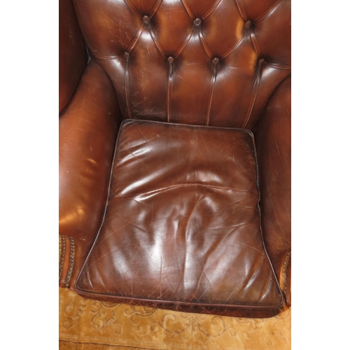 1103 - Tan Leather Upholstered Wingback Leather Armchair Good Condition H Stretcher Support Below Mahogany ... 