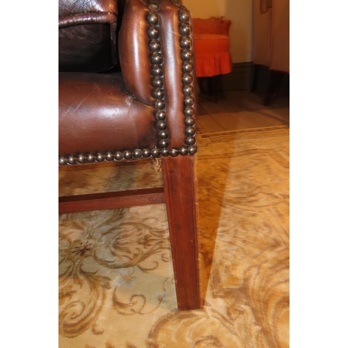 1103 - Tan Leather Upholstered Wingback Leather Armchair Good Condition H Stretcher Support Below Mahogany ... 