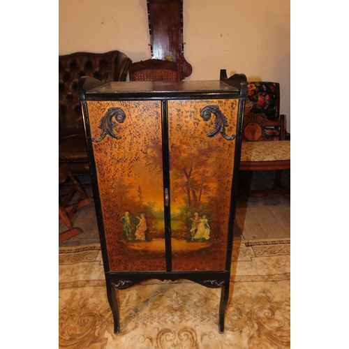 1106 - Verne Martin Two Door Cabinet Handpainted with Courting Scenes Shelved Interior Approximately 4ft Hi... 