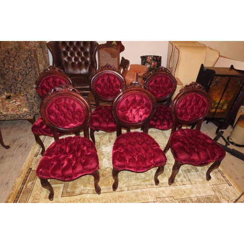 1108 - Victorian Set of Six Burgundy Velvet Deep Button Upholstered Chairs Well Carved Cabriole Supports