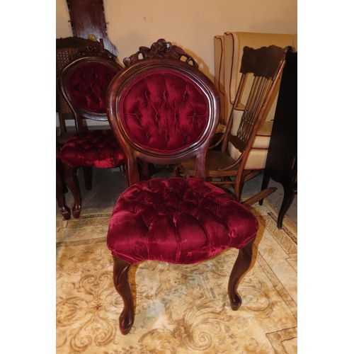 1108 - Victorian Set of Six Burgundy Velvet Deep Button Upholstered Chairs Well Carved Cabriole Supports