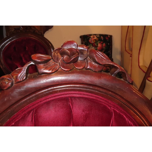 1108 - Victorian Set of Six Burgundy Velvet Deep Button Upholstered Chairs Well Carved Cabriole Supports