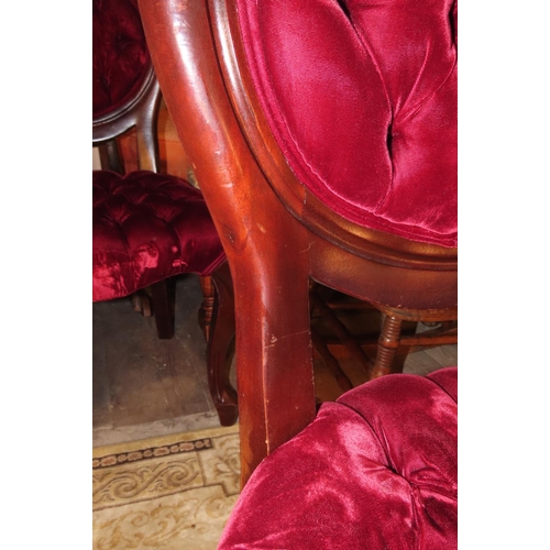 1108 - Victorian Set of Six Burgundy Velvet Deep Button Upholstered Chairs Well Carved Cabriole Supports