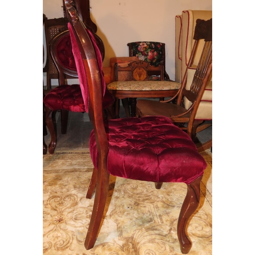 1108 - Victorian Set of Six Burgundy Velvet Deep Button Upholstered Chairs Well Carved Cabriole Supports