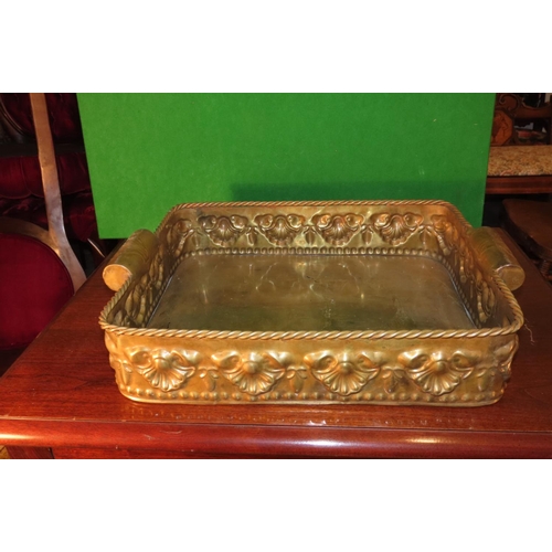 1109 - Antique Embossed Brass Serving Tray Side Carry Handles Approximately 20 Inches Wide