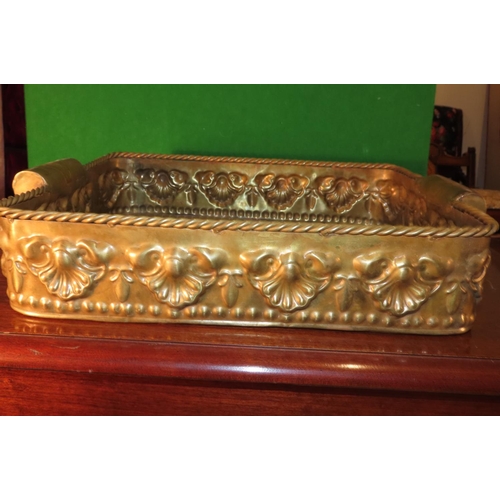 1109 - Antique Embossed Brass Serving Tray Side Carry Handles Approximately 20 Inches Wide