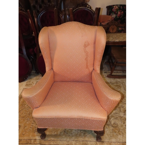 1118 - Wingback Armchair Silk Upholstered above Shaped Cabriole Supports