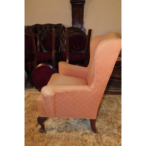 1118 - Wingback Armchair Silk Upholstered above Shaped Cabriole Supports