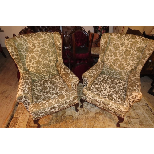 1119 - Pair of Wingback Armchairs Queen Anne Supports