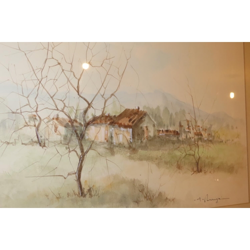 1120 - Watercolour The Homestead Finely Detailed Signed Indistinctly Lower Right Approximately 14 Inches Hi... 