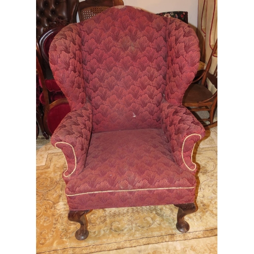 1124 - Wingback Armchair Burgundy Upholstery above Shaped Queen Anne Supports