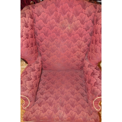 1124 - Wingback Armchair Burgundy Upholstery above Shaped Queen Anne Supports