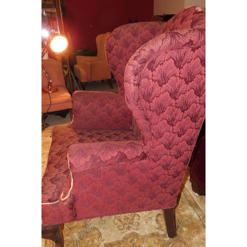 1124 - Wingback Armchair Burgundy Upholstery above Shaped Queen Anne Supports