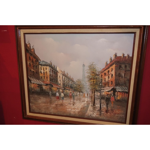 1129 - Henry Rogers Parisian Street Scene with Eiffel Tower Beyond Oil on Canvas Approximately 20 Inches Hi... 