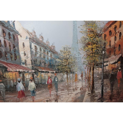 1129 - Henry Rogers Parisian Street Scene with Eiffel Tower Beyond Oil on Canvas Approximately 20 Inches Hi... 