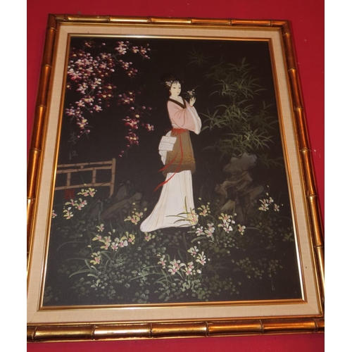 1130 - Oriental Scene Girl in the Garden Contained within Fo and Blue Frame Approximately 30 Inches High x ... 