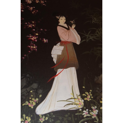 1130 - Oriental Scene Girl in the Garden Contained within Fo and Blue Frame Approximately 30 Inches High x ... 